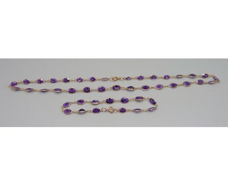 A 9ct gold and amethyst necklace and matching bracelet, 11.5g, necklace 44cm and bracelet 18cm 
