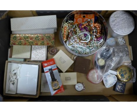 A box of costume jewellery, compact, pots, Bible, etc. 