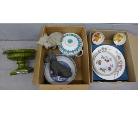 Two painted metal candle sticks, two models of dogs and other china including Royal Worcester Evesham, etc. **PLEASE NOTE THI