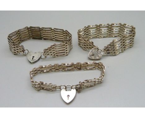 Three silver gate bracelets, 55g 