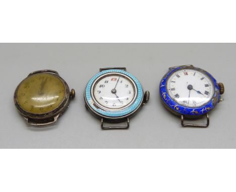 Three silver wristwatches, enamel a/f 