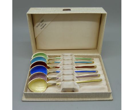 Six silver and enamel spoons, the box marked Trygve Sveen Juveler, Haugesund, (Norway) 