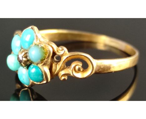 Antiker Ring mit Blume aus Türkisen, mittig kleine Diamantrose, 750/18K Gelbgold (getestet), 1,46g, Größe 54