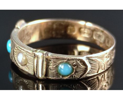 Antiker Ring in Gürtelform, besetzt mit einer Microperle und zwei kleinen Türkisen, Birmingham, Queen Victoria, 1862, wohl He