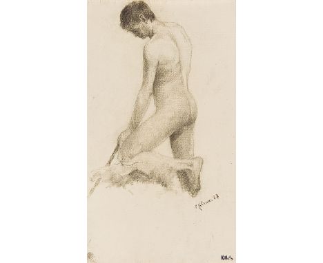 KARL MEDIZ (Wien 1868 - 1945 Dresden)Kniender Akt, 1888Kohle/Papier, 47,5 x 27,5 cmdatiert 5 Februar 1888, Signaturstempel K.