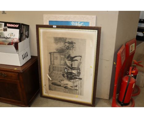 A framed and glazed black and white print "The Day of Reckoning" together with a floral print 