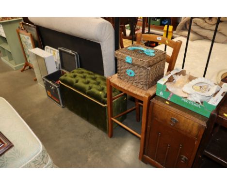 A beech high chair together with a Marks & Spencer's picnic basket and a button down upholstered ottoman 