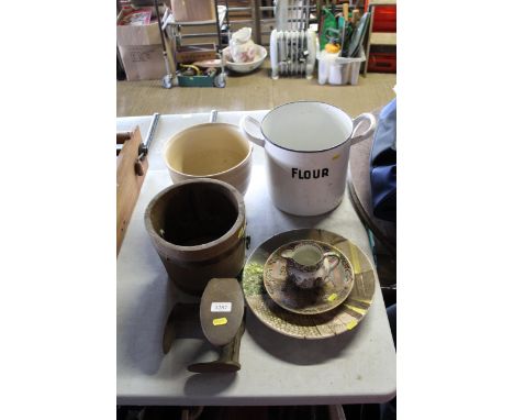 An enamel flour bin, ceramic plant pot, decorated dishes, wooden bucket and a shoe last