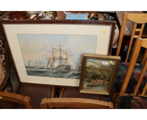 A print depicting battle ships and an oil depicting Continental scene