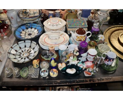 A collection of various patterned dinnerware, Royal commemorative items, Tiffany style light shades, glass dressing table ite