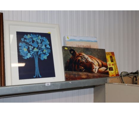 A pencil signed print "Tree of Life", oil on canvas depicting a river scene and two other prints