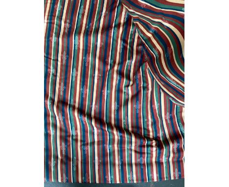 A pair of lined and interlined striped curtains, 214cm drop, 183cm wide, with tie backs 