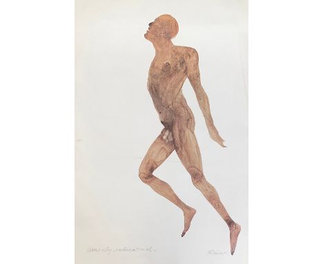 Dame Elizabeth Frink (British 1930-1993): Running Man 1980, a print for Amnesty International, 50.5x76cmH 