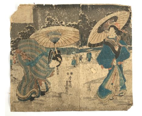 A 19th century Japanese woodblock print of geishas in the snow (af), 37x42cm 