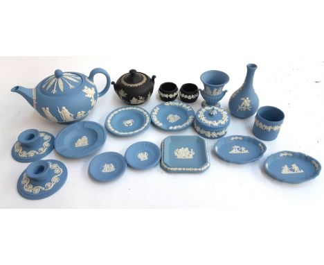 A quantity of Wedgwood Jasper ware to include teapot, candlestick holders, bottle vase, trinket pot, ashtray, trinket dishes 