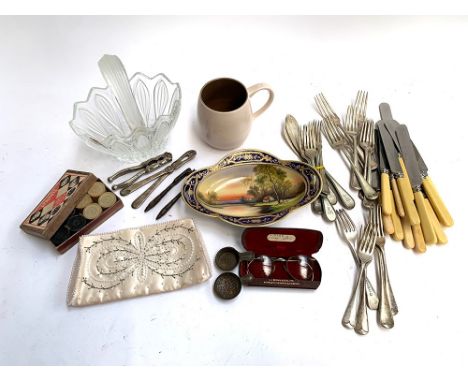 A mixed lot to include Noritake dish; local interest vintage I.J Brown Weymouth glasses and case; plated flatware; draughts p