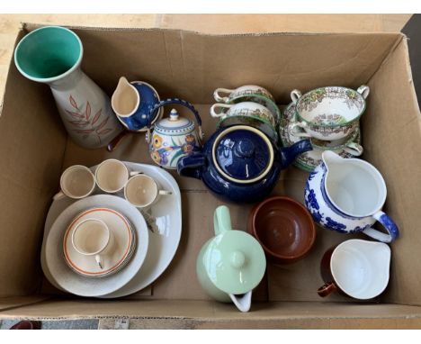 A mixed quantity of ceramics to include Poole pottery, Sylvac, Spode 'Byron', blue Denby teapot, green Lovatts coffee pot, Al