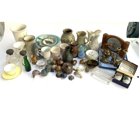 A mixed lot to include Royal Worcester egg coddlers, Poole pottery, Wedgwood, Denby vase, Royal Winton etc 