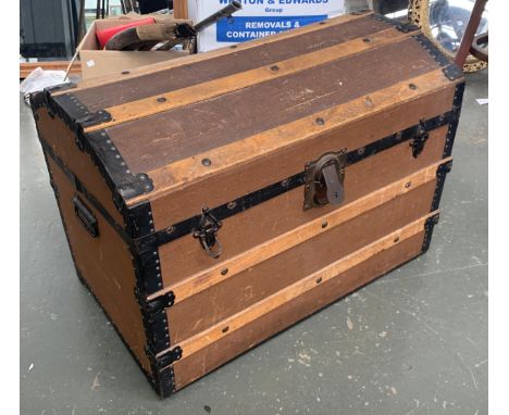 A canvas and wood domed travel trunk, 77cmW 