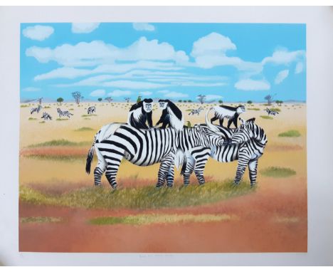 EB Watts, colour screen print of zebra and colobus monkeys, number 37/200, signed and titled by the artist in pencil, 60x75cm