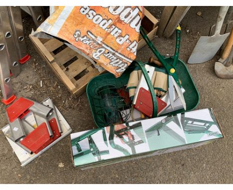 A small quantity of garden tools to include a collapsible aluminium pruning ladder 