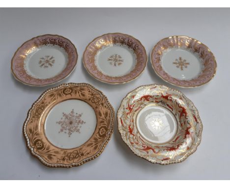 Five 19th century hand painted plates and soup bowl, one Spode Felspar with orange and gilt design, 25cmD 