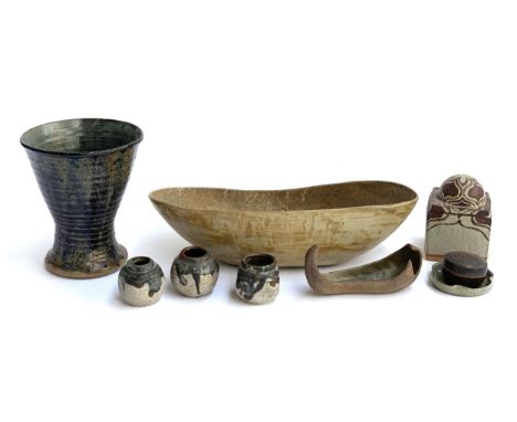 An Oxshott studio pottery bowl, 37cmW and vase, 18cmH, each incised to base, together with three small vases, lidded pot etc 