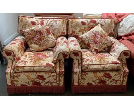 A pair of Peter Guild Upholstery armchairs, outward scrolling arms, in a floral print, each 85cmW 