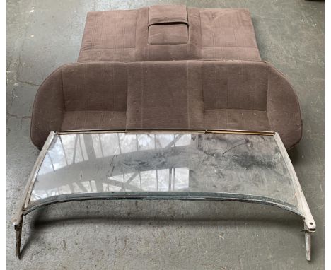 Automobile interest, a vintage car seat and back, possibly for a Ford Escort Mk1; the windscreen possibly for an Austin 