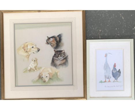 A watercolour study of a Golden Retriever and cats, 44x40cm, together with a colour print of runner duck and hen, Alan Maling