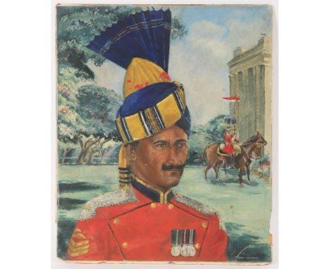 Joan Jessop (20th/21st century), A portrait of a soldier with two further soldiers on horseback, oil on canvas board, signed,