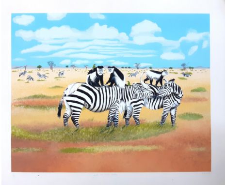 EB Watts, colour screen print of zebra and colobus monkeys, number 35/200, signed and titled by the artist in pencil, 60x75cm