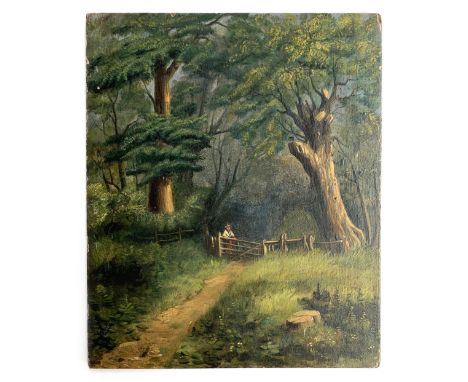 A small oil on mahogany board, man leaning against a gate within a woodland, 18x15cmH 
