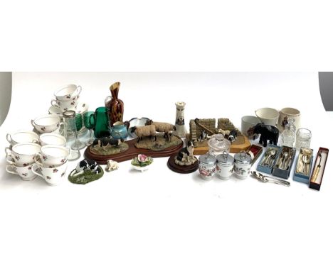 A mixed lot to include animal figurines, commemorative ware, Adderley part tea service, Border fine arts, Royal Worcester etc