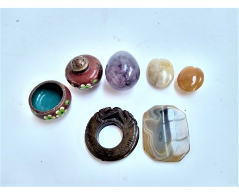 A Chinese carved hardstone disc, 5.5cmD, together with an amethyst egg, cloisonne enamel pepper and mustard etc 