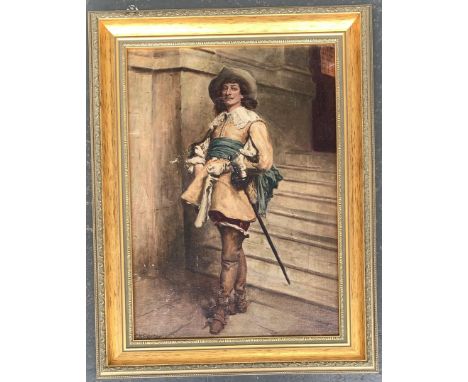 C H Parker, 20th century, portrait of a Cavalier standing on a stone staircase, oil on board, signed, 46x34cm 