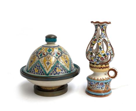 A majolica tagine; together with a similar lamp, 31cmH 