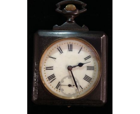 An unusual large square desk suspension/pocket watch, cream dial, Roman numerals, minute track, subsidiary seconds, button wi