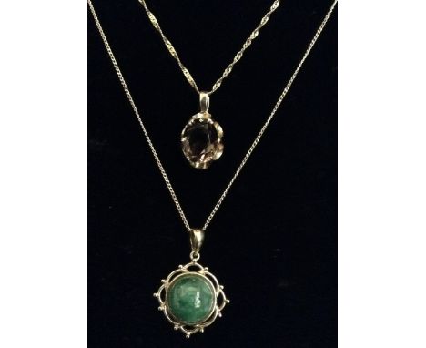 A green jade pendant, circular jade cabochon, open floral arching frame, 9ct gold mount, suspended from a yellow metal fancy 