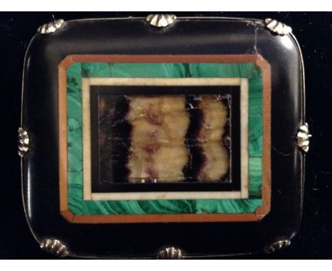 A 19th century Ashford marble specimen brooch, central rectangular Blue John panel, within four individual stone bands includ