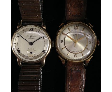 JW Benson - a vintage 1950's 9ct gold wristwatch, brushed silvered dial, Roman numerals, minute track, subsidiary seconds, ma