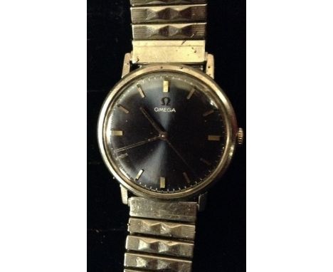 Omega - a vintage dress wrist watch, deep blue dial, alternating block and bar baton markers, sweep centre seconds, manual wi