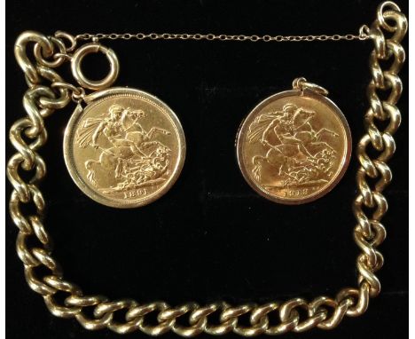 A 9ct gold twisting link Albert chain bracelet, suspended with a Victorian sovereign, 1891, and a George IV sovereign, 1913, 