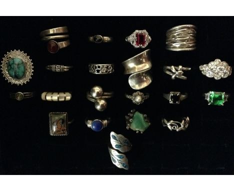 Silver Ring - a turquoise cabochon panel ring;  a mother of pearl dress ring;  others, all stamped 925, 107g gross (21)