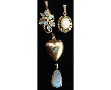 A Rococo style pendant, set with a single oval opal, open cast 9ct gold frame;  a ten stone diamond and opal doublet floral c