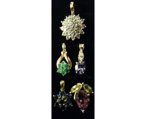 An emerald seven stone flower head drop pendant, 9ct gold mount;  another amethyst and peridot, 9ct gold mount, others part u