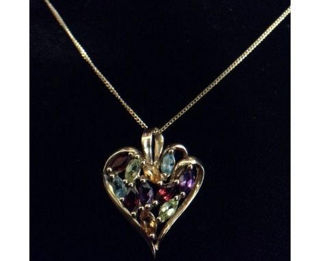 A multi-stone heart pendant, open heart encrusted with topaz, peridot, amethyst, garnet, citrine, stones, 9ct gold frame, sus