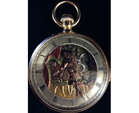 An unusual erotic action open face gold coloured metal cased pocket watch, central skeleton aperture, thrusting male figure a