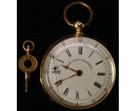 A late 19th century French 18ct gold open face chronometer pocket watch, white enamelled dial, Roman numerals, minute track, 