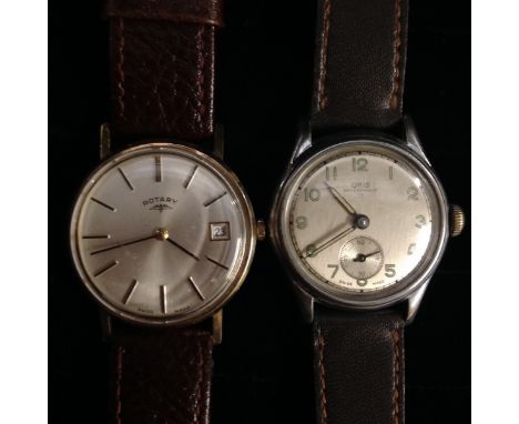 Watches - a Rotary wrist watch, silvered dial, baton markers, date aperture at 3 o'clock, 9ct gold case,manual movement, brow
